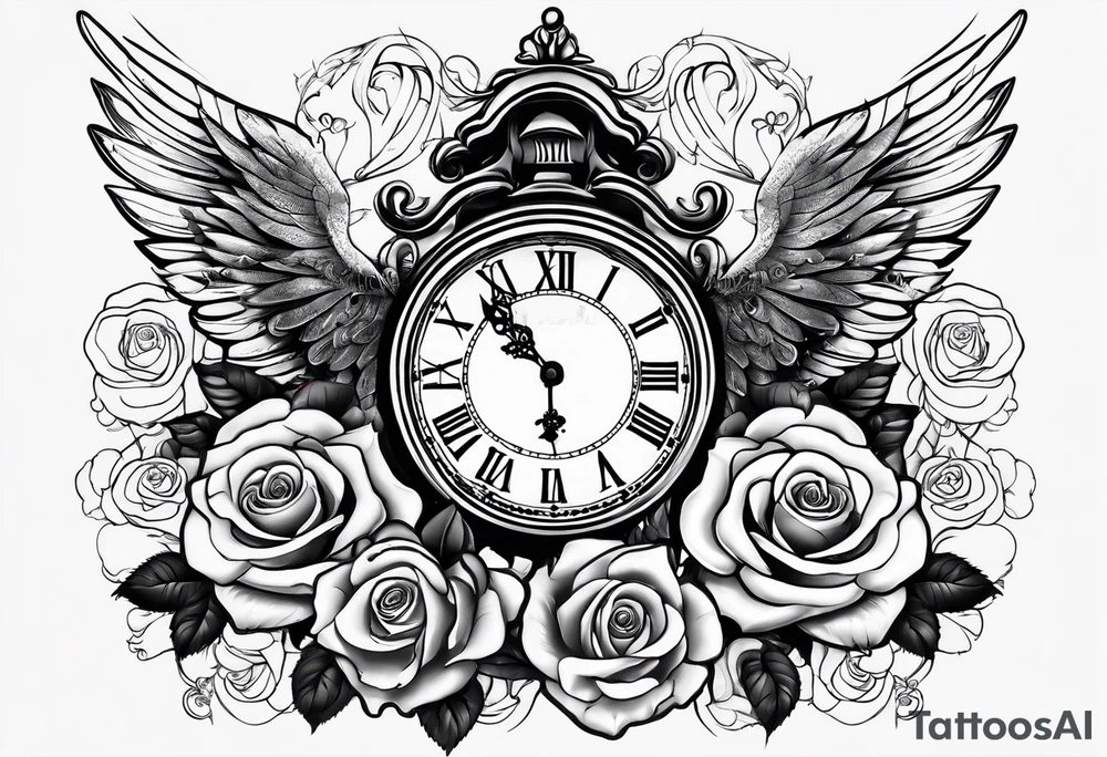 angel, roses, clock, name MARTINA tattoo idea