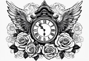 angel, roses, clock, name MARTINA tattoo idea
