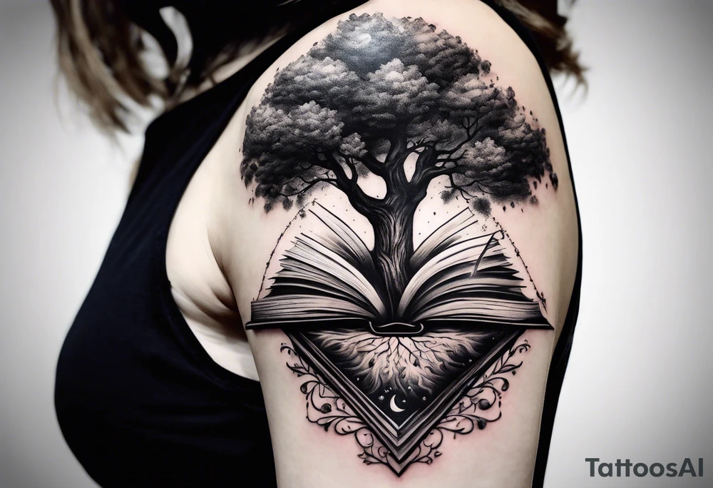 tree growing from book triangle portals floating above it tattoo idea tree growing from book triangle portals floating above it tattoo idea