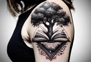 tree growing from book  triangle portals floating above it tattoo idea