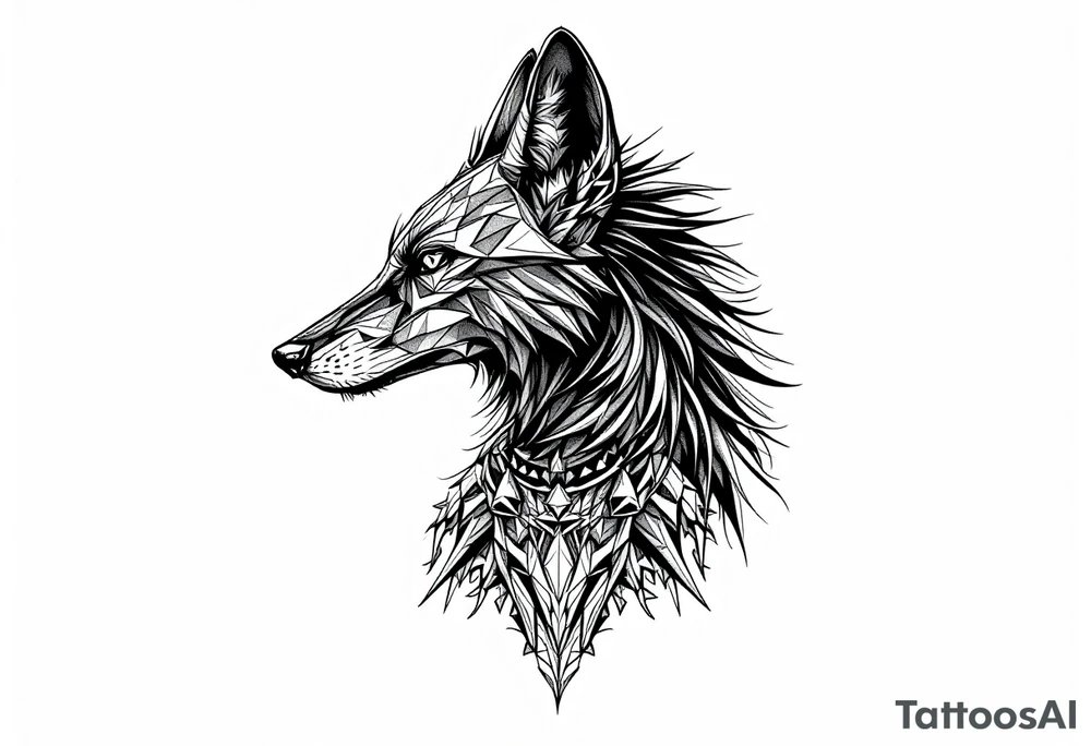 a mix of a jackal, a black hound, and Anubis, looking back, serious and daring tattoo idea