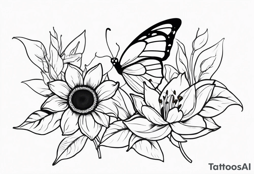 Sunflower and lily with butterflies tattoo idea