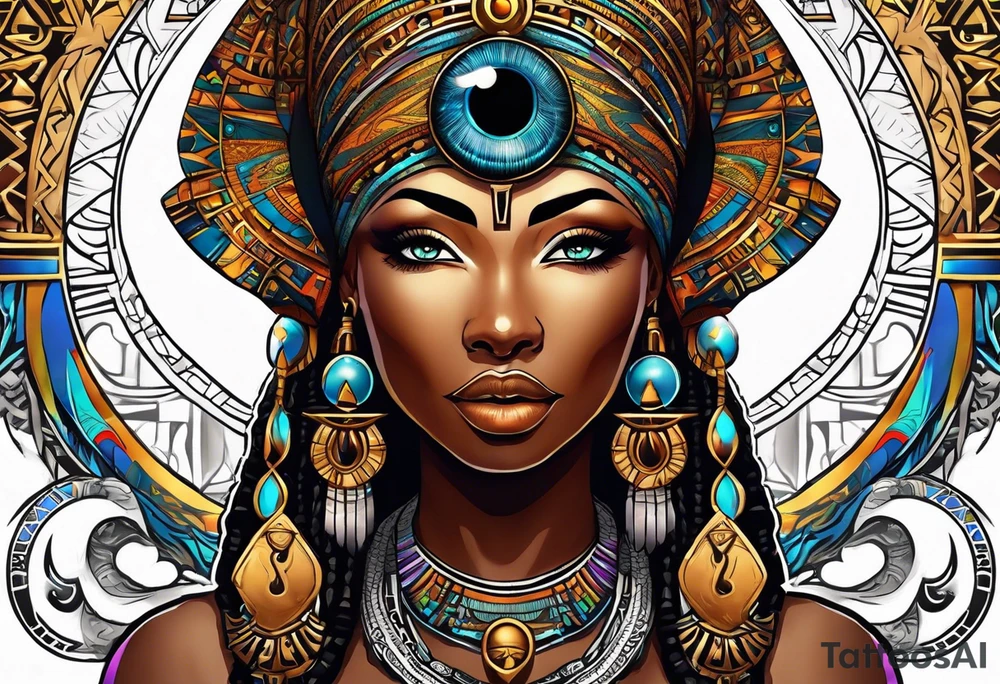 African Goddess wearing the eye of Horus and Ankh symbol tattoo idea