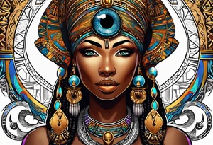 African Goddess wearing the eye of Horus and Ankh symbol tattoo idea