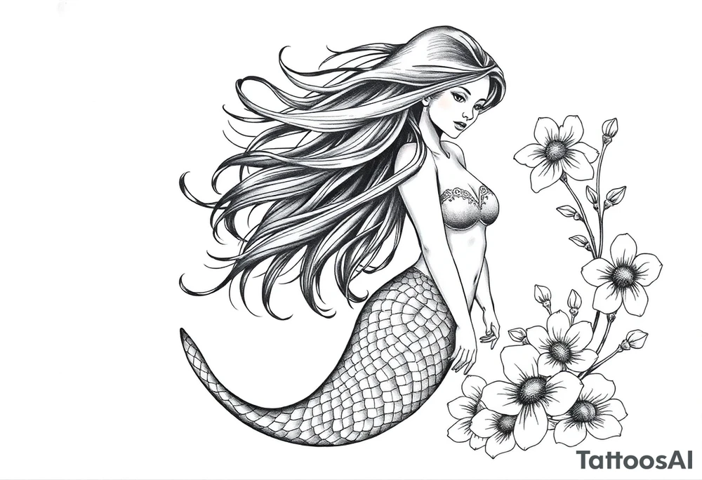 ethereal mermaid with flowing hair among coral and sea flowers tattoo idea