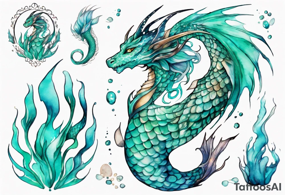 a mermaid dragon hybrid with turquoise scales by the ocean tattoo idea