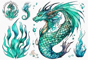 a mermaid dragon hybrid with turquoise scales by the ocean tattoo idea