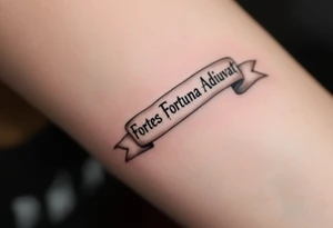 "Fortes Fortuna Adiuvat" (Fortune favors the brave), engraved in Roman capital letters on a stone-textured banner, shaded in grays and muted bronze for a warrior look. tattoo idea
