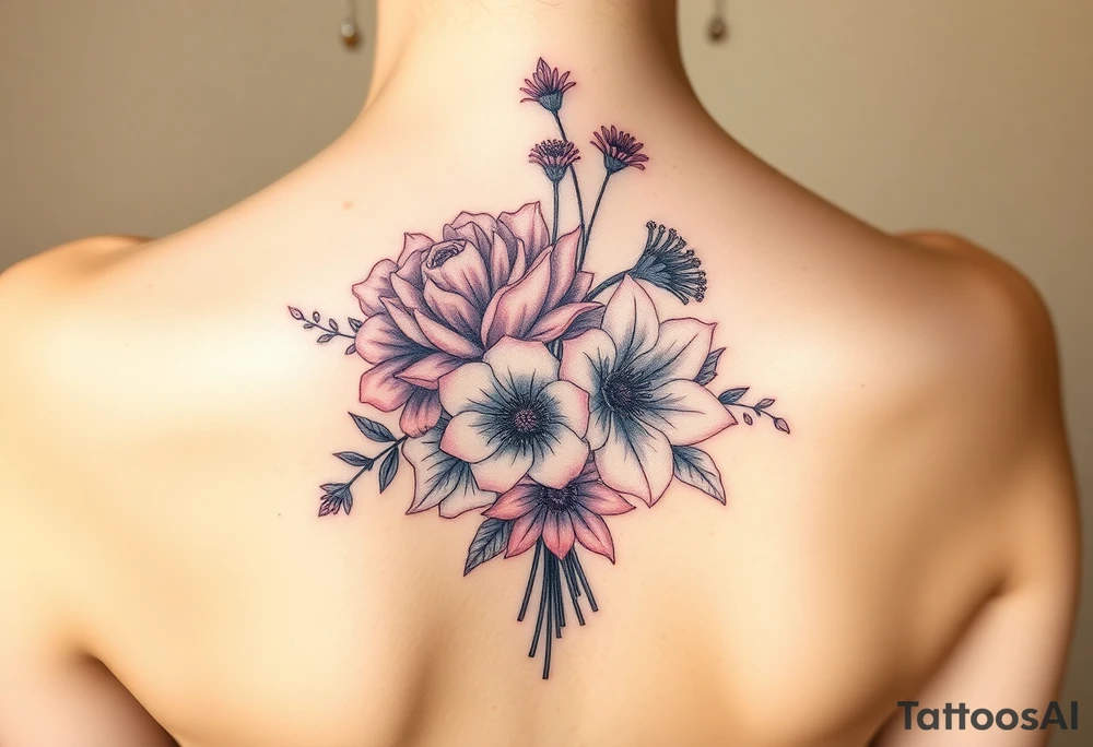 Bouquet Carnation rose lily luster and aster flower tattoo idea