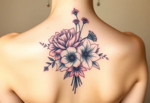 Bouquet Carnation rose lily luster and aster flower tattoo idea