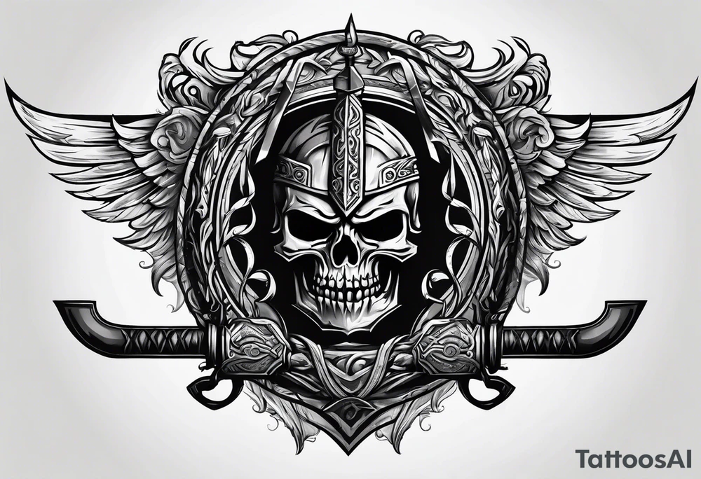 Valhalla sword shield axe mist fog tattoo idea