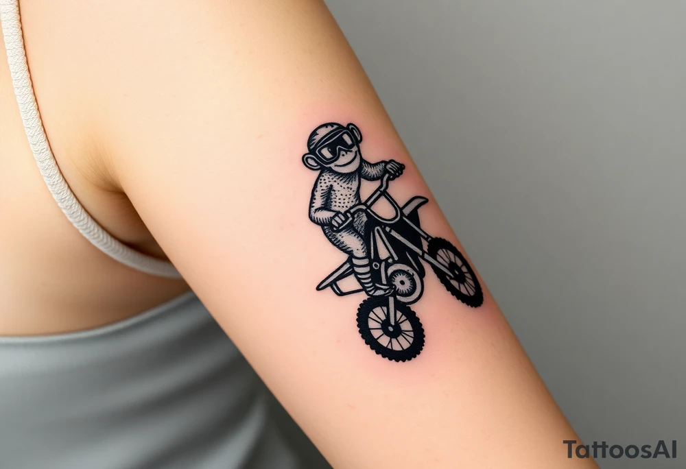 cheeky monkey on a dirt bike wearing goggles popping a wheelie tattoo idea