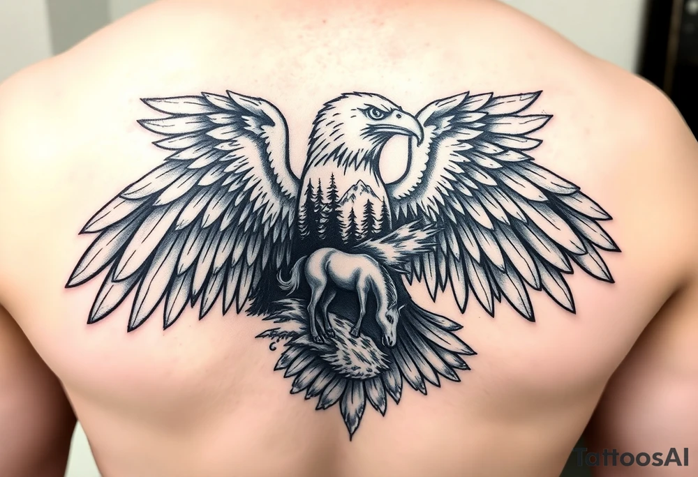 I want an eagle but inside of its wings I want a forest and a little river and maybe a horse drinking from the river. Not too big it has to fit on a 2 inch by 2 inch area tattoo idea