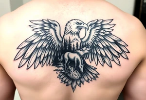 I want an eagle but inside of its wings I want a forest and a little river and maybe a horse drinking from the river. Not too big it has to fit on a 2 inch by 2 inch area tattoo idea