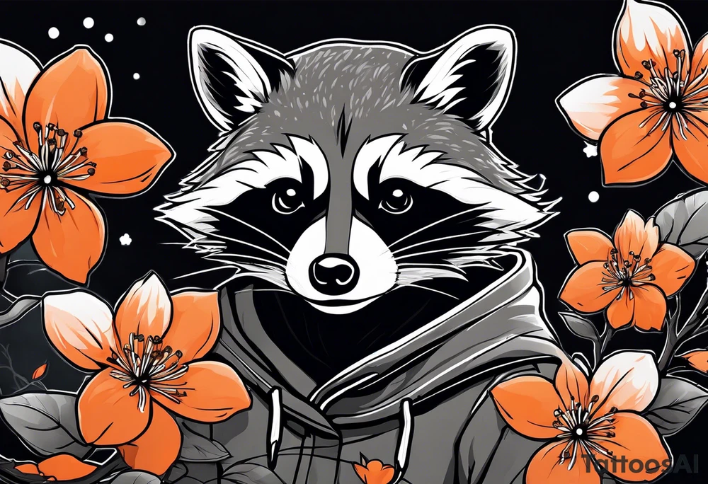 Raccoon wearing a white Superman logo on a black hoodie and orange Japanese cherry blossoms tattoo idea