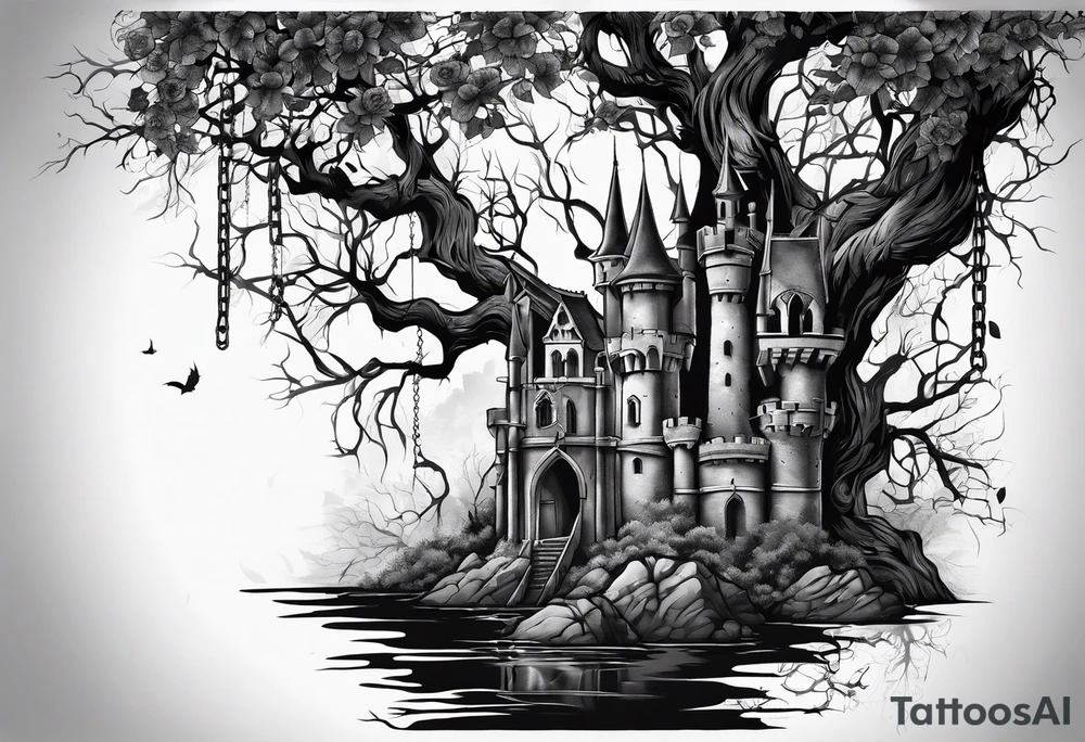 tattoo fool sleeve, old broken gothic castle, broken sword, tree roots break out of the chains, roses tattoo idea