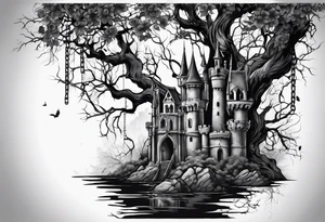 tattoo fool sleeve, old broken gothic castle, broken sword, tree roots break out of the chains, roses tattoo idea