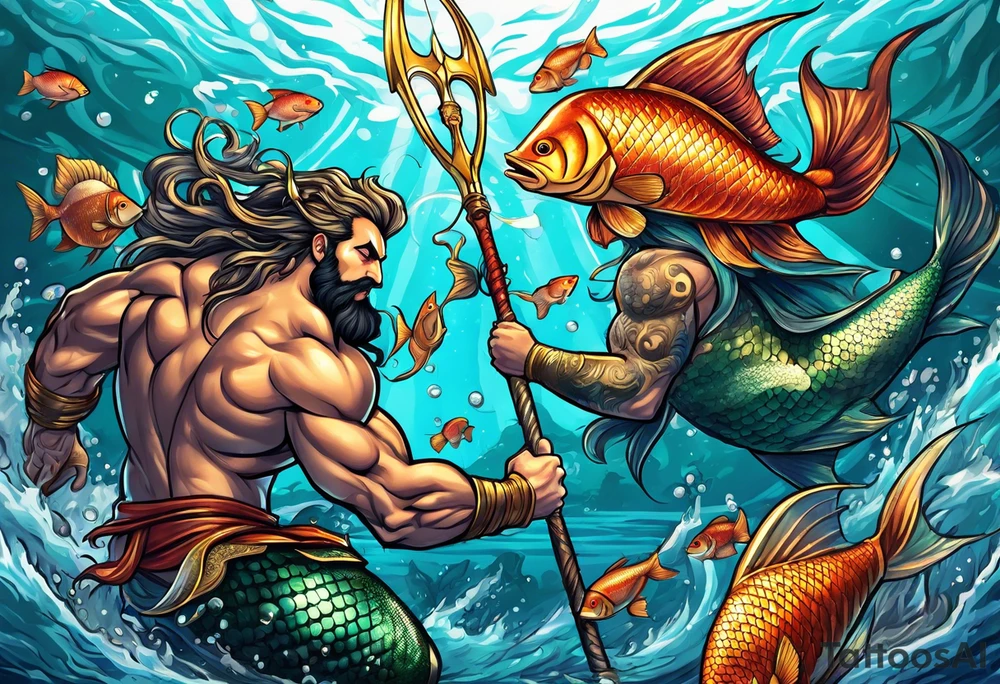 muscular
god 
posideon fighting a sport fish with a trident surrounded by sexy  female 
mermaids tattoo idea