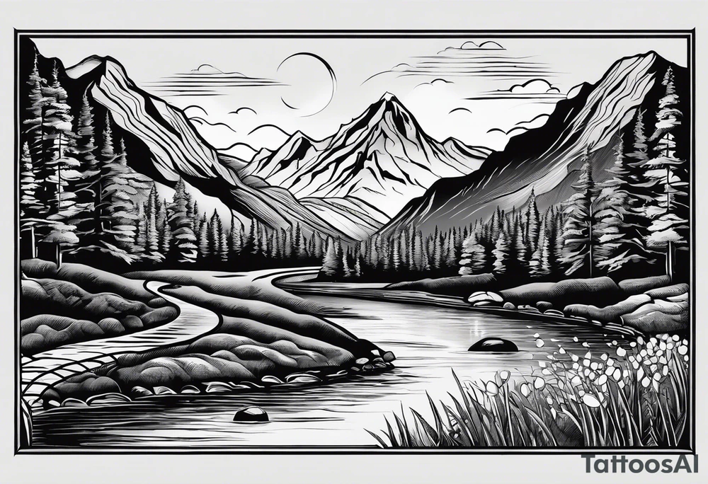Mountain scene with a river with a subtle peace sign as the sun. Use the words IT IS WELL written in the scene tattoo idea