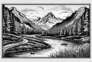 Mountain scene with a river with a subtle peace sign as the sun. Use the words IT IS WELL written in the scene tattoo idea