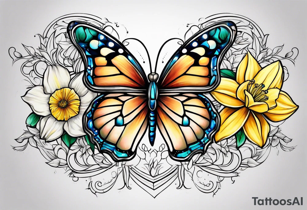 Butterfly, star and daffodils tattoo idea