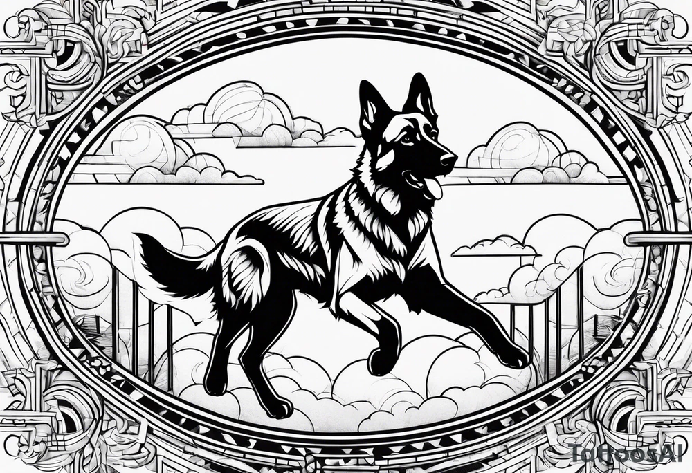 German Shepherd running into the clouds. tattoo idea