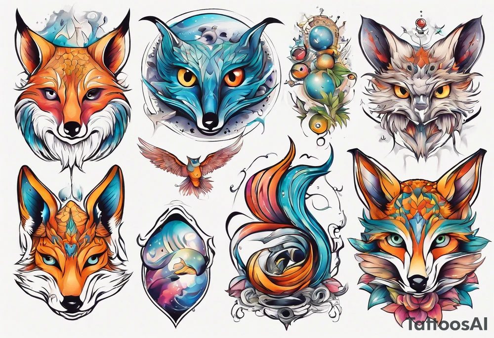 fisch, fuchs und eule , symetrie universum, bunt tattoo idea