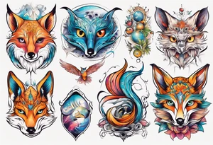 fisch, fuchs und eule , symetrie universum, bunt tattoo idea