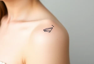 a paper plane in a line tattoo with a play, a pause, a stop, and a rewind symbol in it tattoo idea