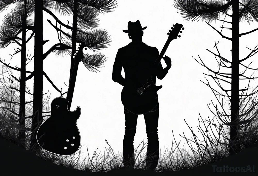 silhouette of a man standing under a pine tree playing electric guitar tattoo idea