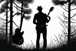 silhouette of a man standing under a pine tree playing electric guitar tattoo idea