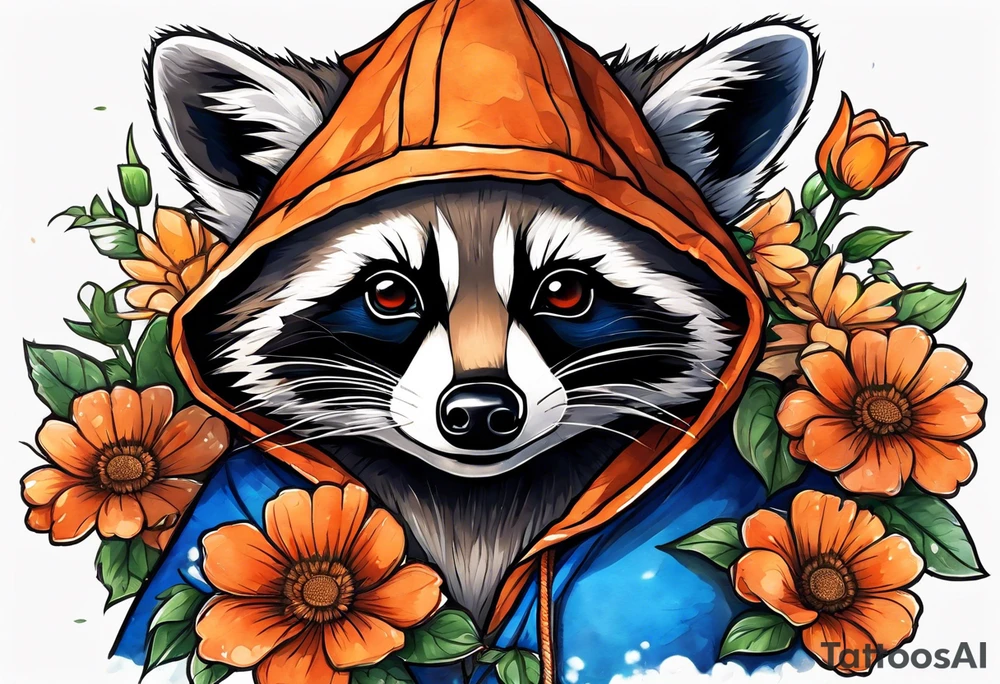 raccoon wearing a Superman hoodie with orange flowers tattoo idea