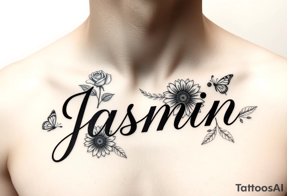 i need the name jasmin on the right side of a males chest, and with the letter “i” having a heart as the dot, and then i want some roses on the letter j and 3 sunflowers on the letter n and for it to be in cursive with some butterflies around it. I want the name on top of the flowers but for the flowers to be under the name, and i want some roses on the left side and sunflowers on the right side tattoo idea