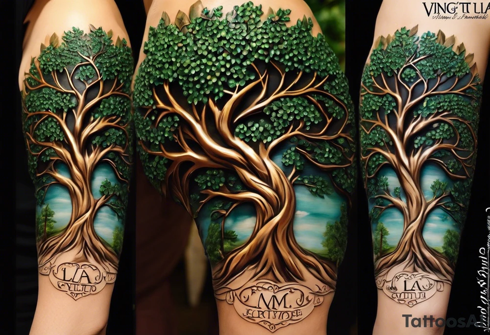 A family tree that wraps around your arm. The base of the tree represents Vince and Christina with a heart intertwined with your wedding date (10 Nov 2000).
The branches split into three main branches, each representing Vinny, Joey and Gianna with a single birth date (5 April 2003).
The phrase "La famiglia è tutto" (Family is everything) incorporated within the branches or roots. Incorporate italian flag colors tattoo idea