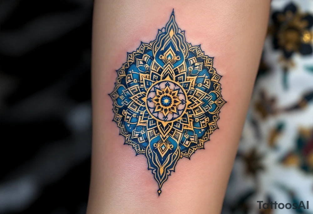 A radiant wheel of dharma (Dharma Chakra) in deep blue and gold, with intricate patterns, symbolizing the path of righteousness. tattoo idea