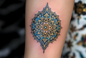 A radiant wheel of dharma (Dharma Chakra) in deep blue and gold, with intricate patterns, symbolizing the path of righteousness. tattoo idea