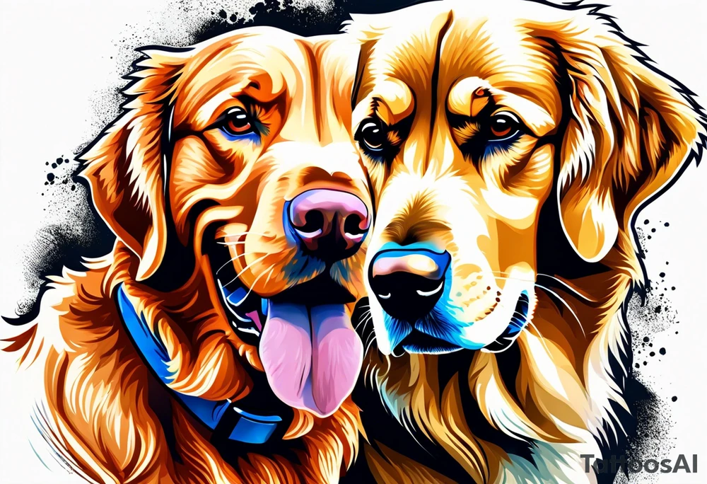 two dogs one is a dark colored golden retriever and the other is a light colored Labrador. They are happy. tattoo idea