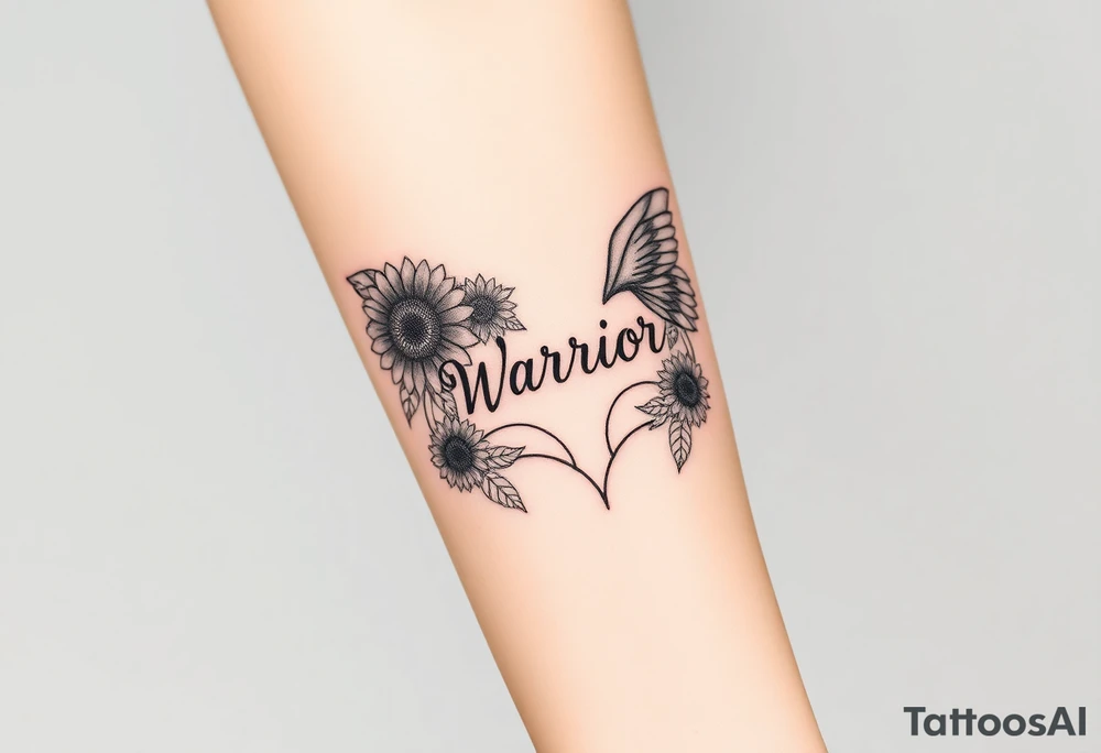 angel wing with word "Warrior" surrounded with sunflowers tattoo idea