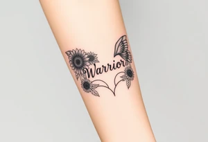 angel wing with word "Warrior" surrounded with sunflowers tattoo idea