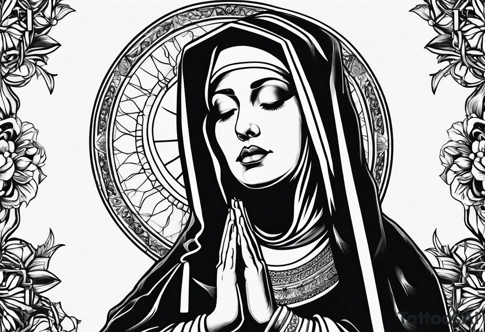 nun with nails in her eyes praying to god tattoo idea
