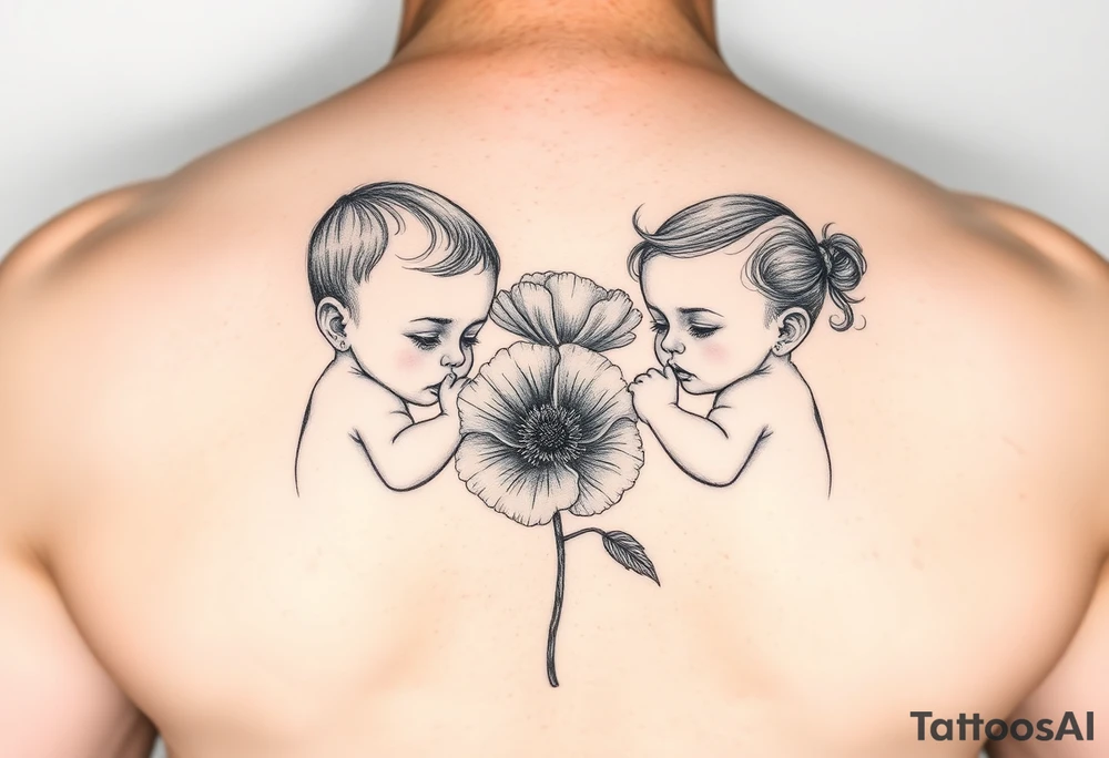 Two baby girls being held my mother with poppy flower tattoo idea