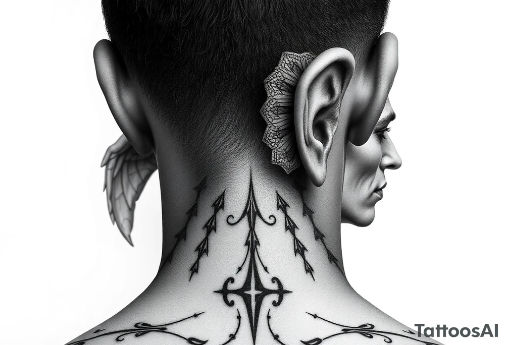 position behind the neck Angel (on the right) whispering in the right ear, demon (on the left) whispering in the left ear. It must be as realistic as possible. tattoo idea