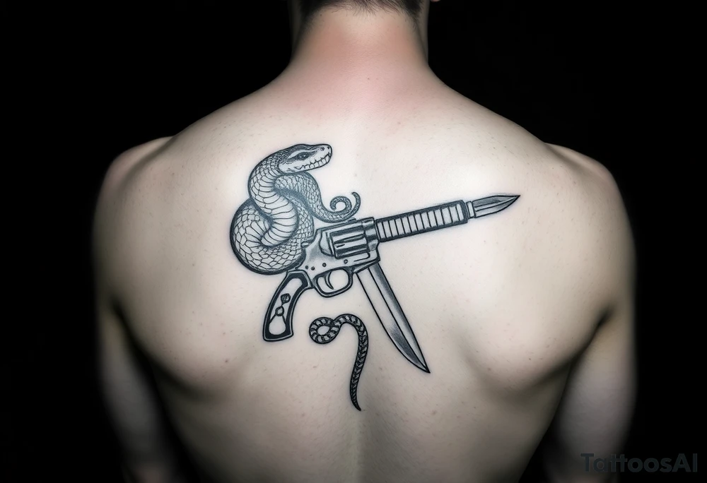 Snake wrapped around gun and knife tattoo idea