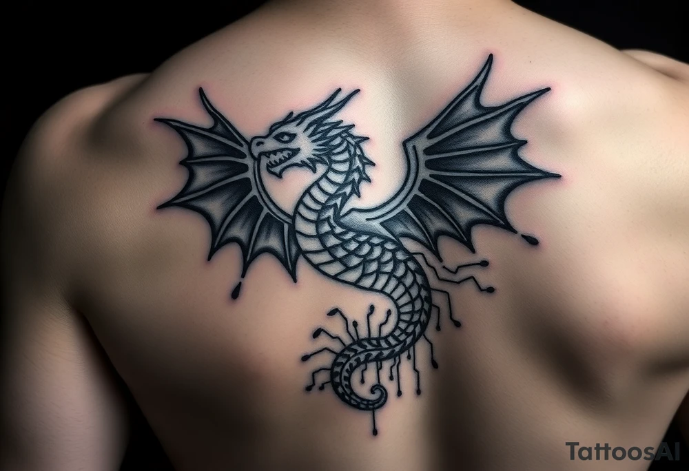 network security red team offensive security theme. Kali linux dragon emblem breaking through skin. Underneath the skin is a techy design like a circuit board or network map tattoo idea