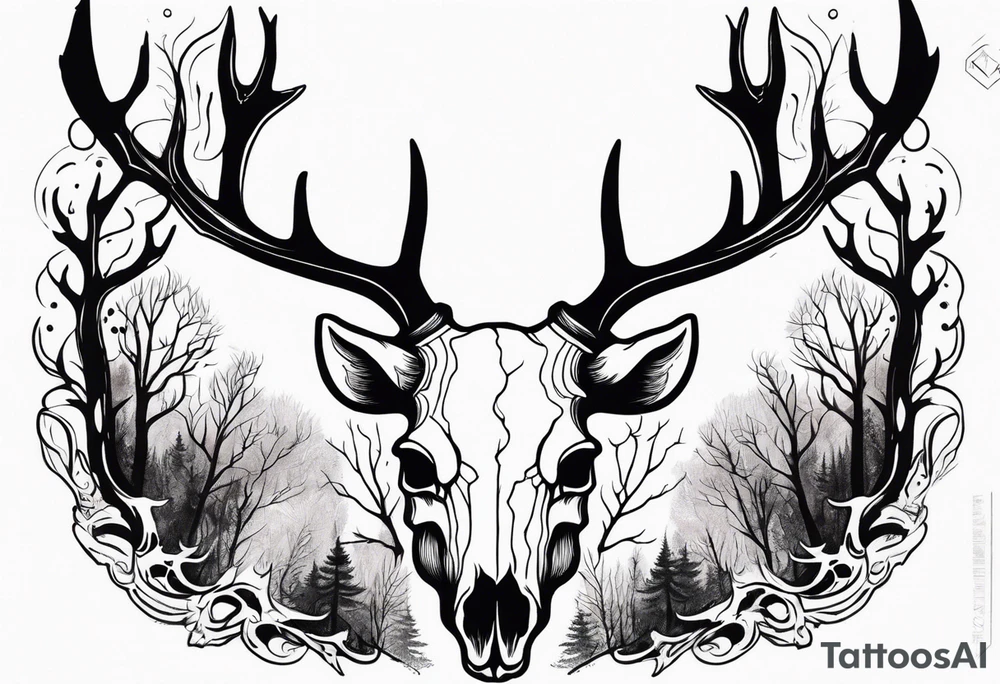 Scary side profile of a DECAYING deer skull JUST BONE surrounded by a flames and trees in background tattoo idea