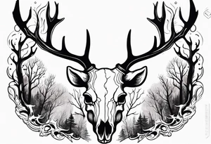 Scary side profile of a DECAYING deer skull JUST BONE surrounded by a flames and trees in background tattoo idea