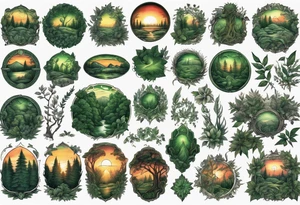 sunset in a dark green lush forrest, detailed, ornament, stunning, high quality, intricate, ultra realistic tattoo idea