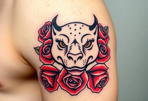A mole with pointy nosel with bold black outlines, and red roses surrounding it for a classic old-school aesthetic tattoo idea