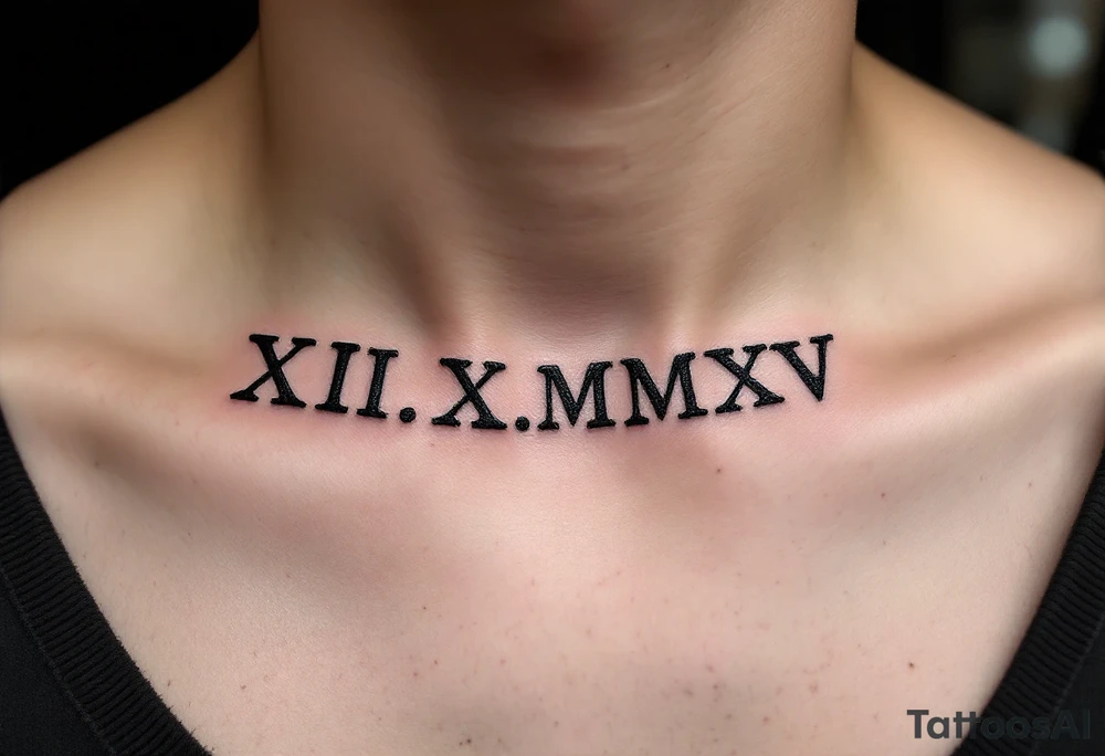 Bold black Roman numerals XII.X.MMXV etched along the collarbone, representing a wedding date in sharp serif font. tattoo idea