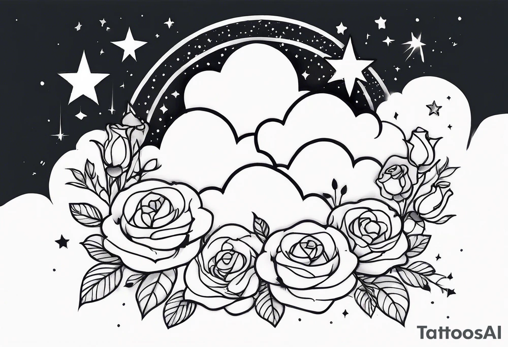 Clouds with tesseract inside and small roses and stars around it going vertically tattoo idea